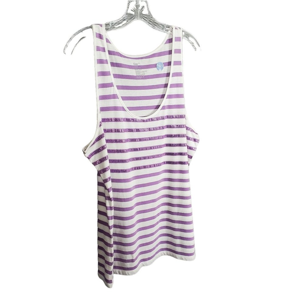 GAP Size L XL Top Sequin Stripe Tank Scoop Cotton Blend Sparkle Purple FLAW